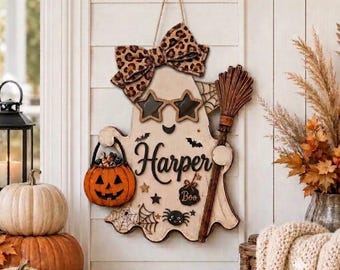 Personalized Halloween Ghost Door Sign, Custom Name Wood Door Hanger, Witch Hat Pumpkin Porch Decor, Fall Front Door Decor