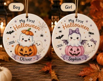 Baby Ghost First Halloween Ornament 2026, Personalized Ceramic Keepsake, Custom Baby Pumpkin Ornament, Newborn Gift, Halloween Decor