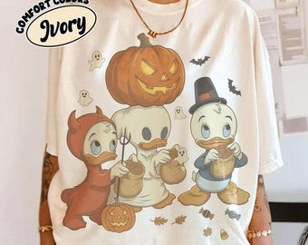 Retro Huey Dewey Louie Pumpkin Halloween Shirt, Ducktales Spooky Season Tee, Disneyland Trick or Treat Outfit, Mickey Not So Scary Party Tee