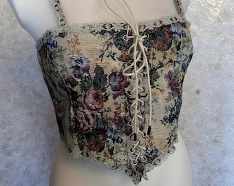 Corset fait à la main pour femmes, élégant, Vintage, imprimé, dos nu, Floral, sur mesure, bretelles en dentelle, broderie, Renaissance victorienne, Ren Fair