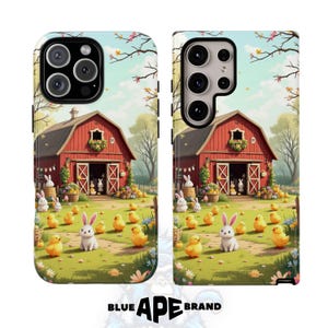 May include: A red barn with a white door and windows, surrounded by a green field with yellow chicks and white bunnies. The barn has a white roof and a green roofline. The scene is set against a blue sky with white clouds.
