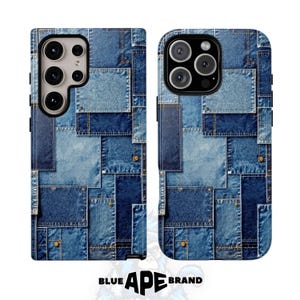 May include: A phone case with a patchwork design of blue denim fabric. The case has a camera cutout and a raised lip around the edges.