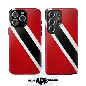 Trini Vibes Bold-telefoonhoesje | Hoesje met vlag van Trinidad en Tobago | Patriottische rode, zwart-witte omslag | iPhone en Samsung Galaxy | BlueApeMerk