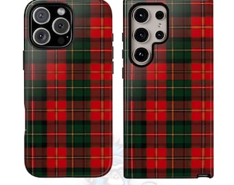 May include: A red, green, and black plaid phone case for a smartphone with a camera bump. The case has a black border.