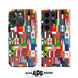 May include: Two phone cases with a colorful design of flags from around the world. The cases are black with a raised camera bump. The flags are arranged in a grid pattern.