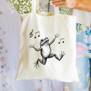 Dancing Frog Cotton Canvas Tote Bag, Vintage Frog Music Notes Bag, Music Lover Tote, Retro Animal Art Bag, Vintage Frog Graphic Tote Bag