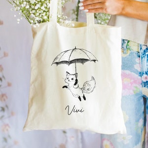 Personalized Fox Flying Tote Bag, Fox with Umbrella Totebag, Cute Animal Lover Gift, Fox Lover Gift, Personalized Kids Tote Bag