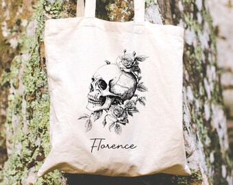 Skull with Roses Tote, Personalized Name Tote Bag, Custom Gothic Bag, Fall Aesthetic, Spooky Floral Tote, Halloween Gift, Skeleton Tote Bag