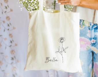 Personalized Rose Tote Bag, Gift for Her, Mother Gifts, Bridesmaid Gifts, Minimalist Rose Custom Canvas Tote Bag, Floral Tote Bag