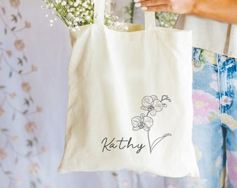 Gepersonaliseerde canvas draagtas orchidee, Moederdagcadeau, minimalistische orchidee aangepaste draagtas, draagtas bloemen, draagtas bloemen