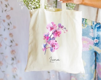 Orchid Flower Personalized Canvas Tote Bag, Bachelorette Party, Bridesmaid Gifts, Wedding Gifts, Mother Gifts, Orchid Totebag