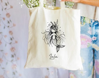 Bolso de mano personalizable de sirena, regalo de amante de la sirena, bolso de mano personalizado para niños, bolso de mano de bruja marina Mermaidcore, bolso minimalista de playa de sirena