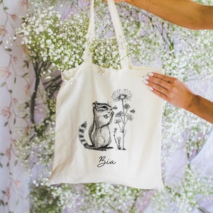 Personalized Chipmunk Canvas Tote Bag, Chipmunk with Bumblebees Tote Bag, Library Book Bag, Cottagecore Chipmunk Totebag
