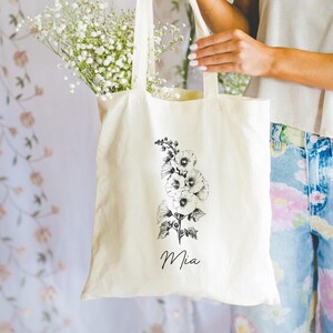 Personalized Hollyhock Tote Bag, English Garden Tote Bag, Hollyhock Wildflowers Custom Bag, Bachelorette Gifts, English Wedding Gifts