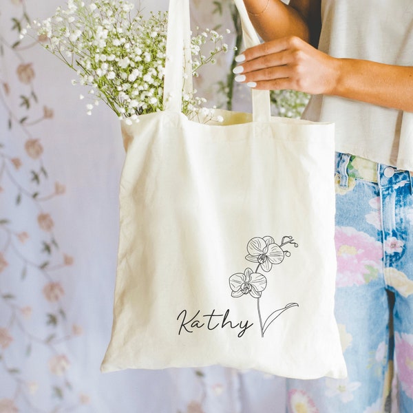 Personalized Orchid Canvas Tote Bag, Mother's Day Gift, Minimalist Orchid Custom Tote Bag, Flower Tote Bag, Floral Tote Bag