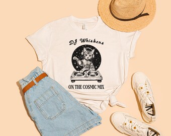 DJ Whiskers Cat DJ T-Shirt | Funny Cat Music Graphic Tee | Retro DJ Cat Shirt | Animal Lover | Whimsical Music Cat Gift | Music Lover Tee