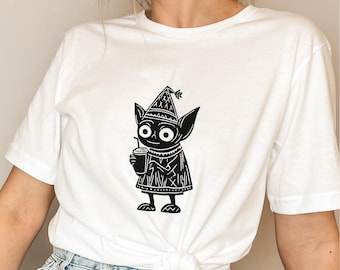Funny Coffee Goblin T-Shirt | Cute Caffeinated Goblin Graphic Tee | Morning Coffee Lover Shirt | Whimsical Goblin Top | Fantasy Humor Gift