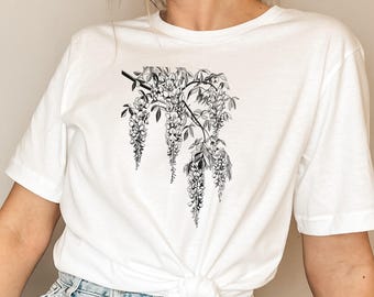 Vintage T-shirt blauweregen | Elegant T-shirt met bloemenprint | Shirt botanisch natuurliefhebber | Minimalistische blauweregentop | Retro esthetisch T-shirt