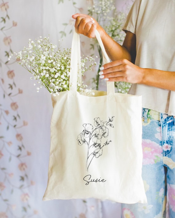 Sweet Pea Tote Bag, Personalized Vintage Sweet Pea Bag, Minimalist 