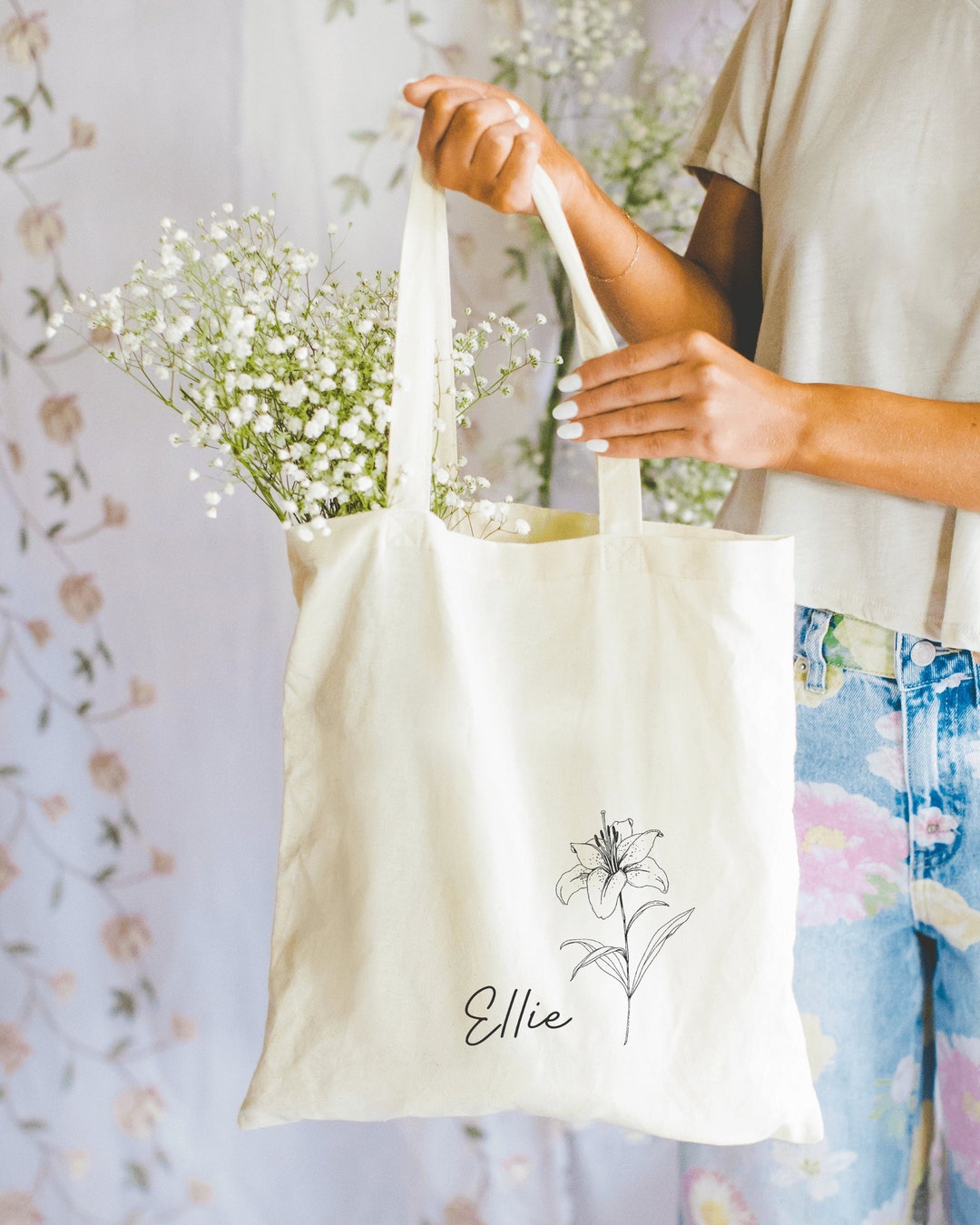 Custom Lily Flower Gift, Personalized Canvas Tote Bag, Mother's