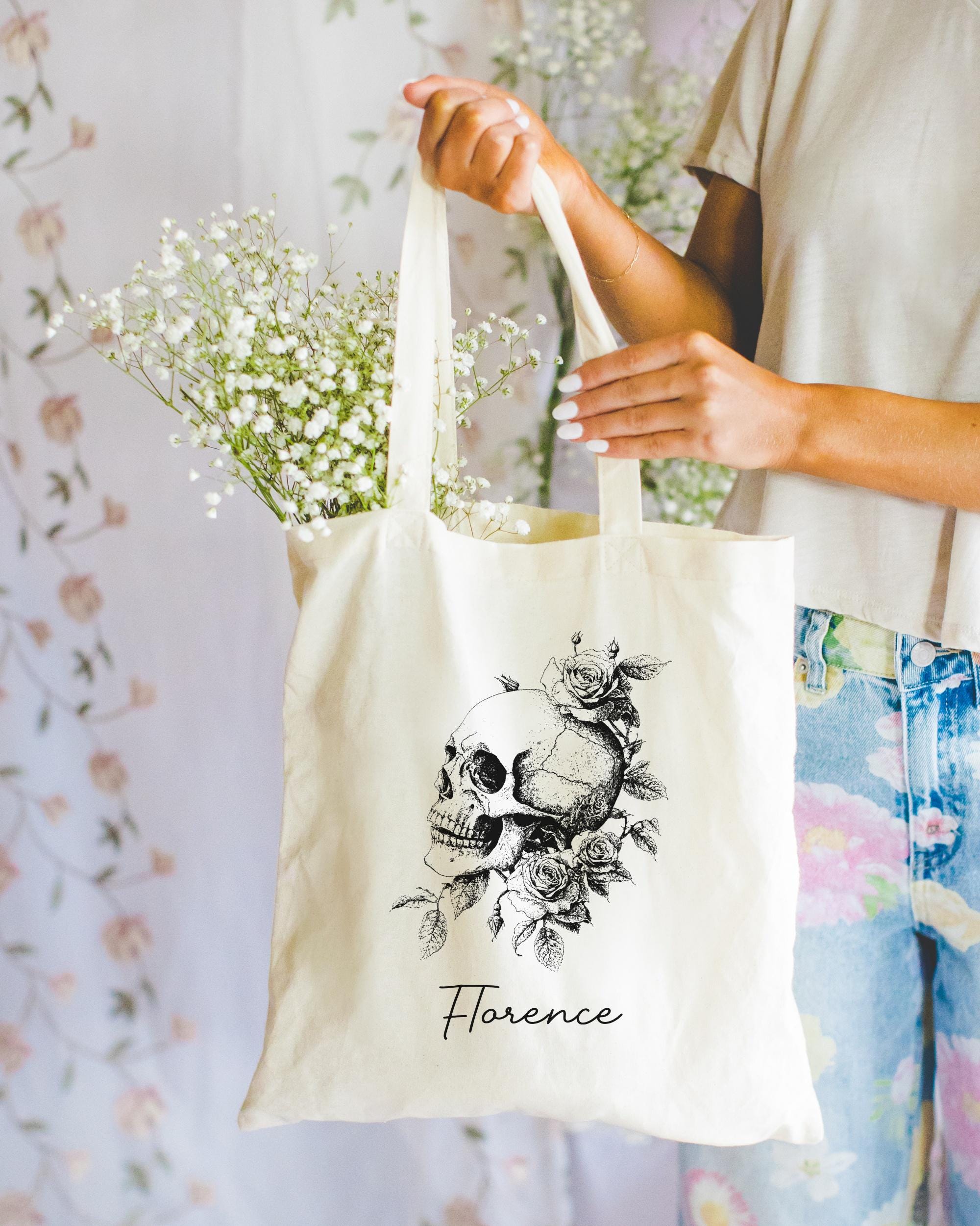 Skull With Roses Tote, Personalized Name Tote Bag, Custom Gothic
