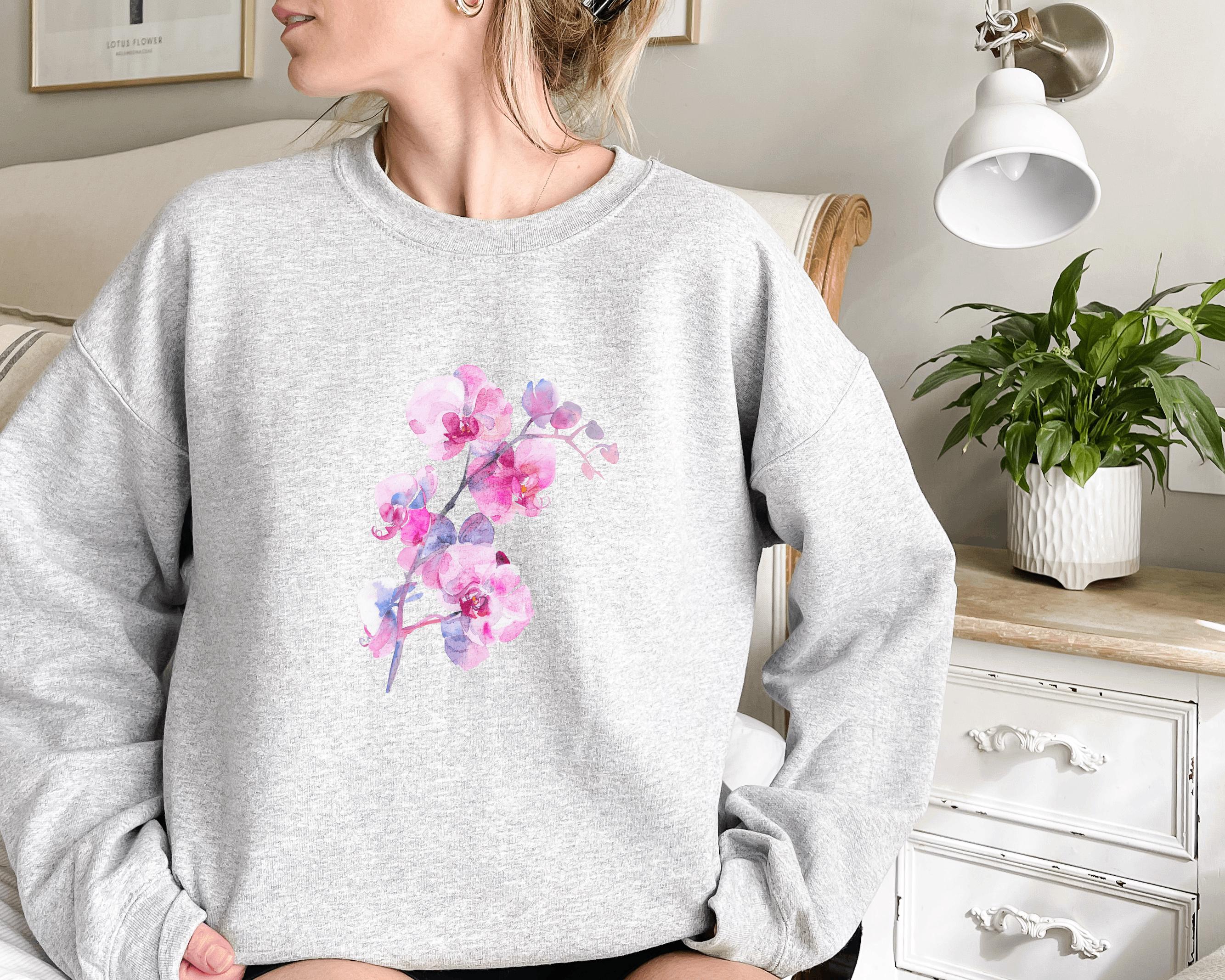 Orchid Sweatshirt Floral Crewneck Jumper, Botanical Pullover