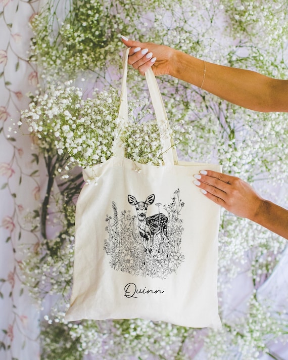 Baby Fawn in Wildflowers Tote Bag, Custom Deer Tote Bag, Wildflower Cotton Canvas Tote Bag, Floral Totebag, Woodland Animals Tote Bag