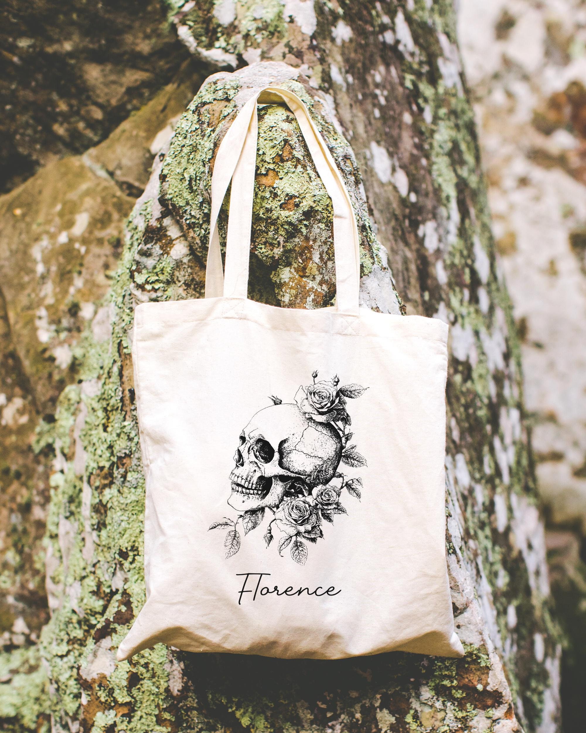 Skull With Roses Tote, Personalized Name Tote Bag, Custom Gothic