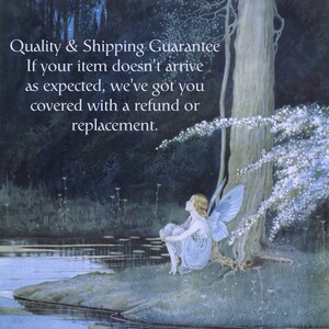 May include: A fairy with wings sits by a pond in a moonlit forest. The text reads: "Quality & Shipping Guarantee If your item doesn't arrive as expected, we've got you covered with a refund or replacement."