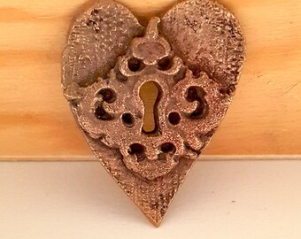 Handcrafted Baroque Bronze Metal Heart with Keyhole Pendant