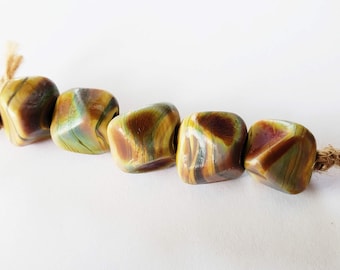 Geometric Raku  - Handmade Artisan Lampwork Glass Bead Set - Set of five etched geometric beads in multi-hued reactive glass.