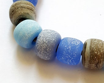 Stormy - Handmade Artisan Lampwork Glass Bead Set of Eight Etched and weathered beads - Shades of Blue and Gray