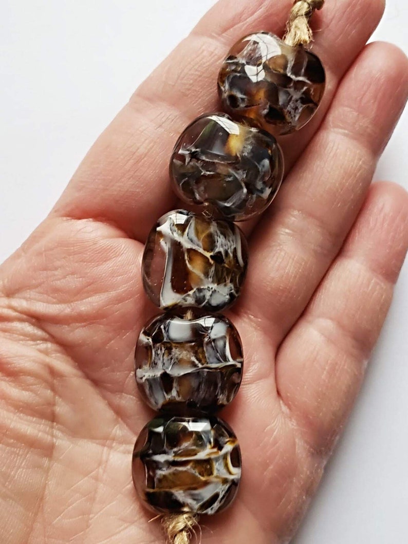 Deep Jungle Handmade Artisan Lampwork Glass Bead Set of five tabular beads in a blend of dark and medium topaz image 5