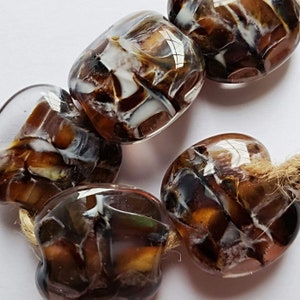 Deep Jungle Handmade Artisan Lampwork Glass Bead Set of five tabular beads in a blend of dark and medium topaz image 1