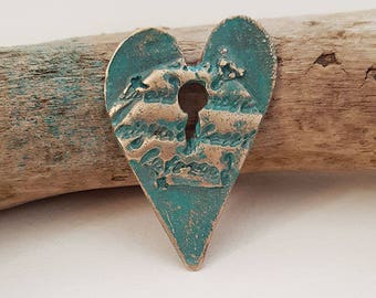 Script Keyhole Bronze Metal Clay Heart Pendant