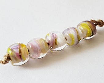 Plum Lizard - Handmade Artisan Lampwork Glass Bead Set of five multi colored beads in sage green, lemon yellow and violet