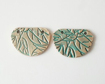 Two hole shield charms - Handmade Bronze Metal Clay Pendant Charms - Pair