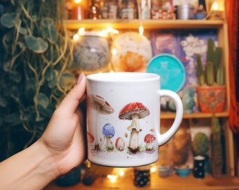 Taza de setas de acuarela, taza de café y té de setas, taza de hongos, regalo amante de la naturaleza de cuento de hadas, regalo para ella, taza independiente