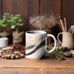 Beige Abstract Ceramic Mug, Boho Coffee Mug, 11oz Microwave Safe & Dishwasher Safe, Beige Illustration Mug, Gift For Her