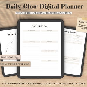 Può includere: Un planner digitale con il testo "Daily Glow Digital Planner" e "PDF NON DATATO PER LA PIANIFICAZIONE GIORNALIERA E MENSILE". Il planner include sezioni per la cura di sé, il budget mensile e un grafico a ruota.