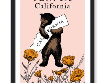 I Love You California Bear In Pink - Art Print