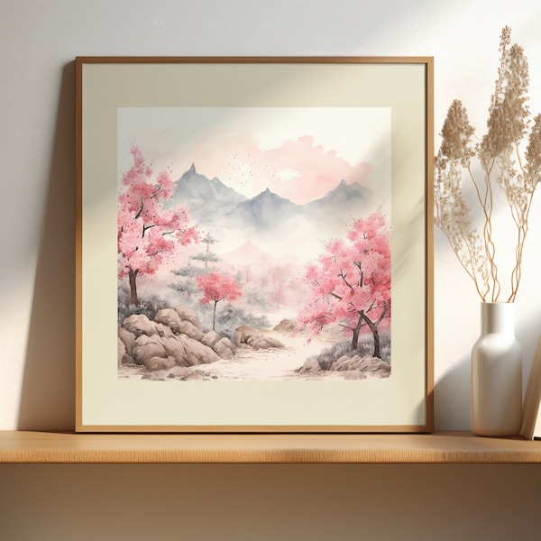 Japanese landscape watercolor wall art, spring cherry blossom art, abstract wall art, living room art, bedroom wall art, watercolor paint