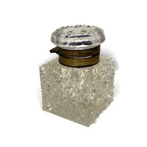 Vintage Inkwell Jar, Cut Clear Crystal with Metal Hinged Lid