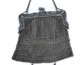 Antique German Silver Purse, Victorian Silver Mesh Bag