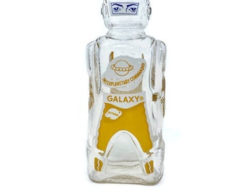 Astronaut Space Warrior Galaxy Glass Syrup Bottles Vintage Spaceman Glass Bank Yellow Interplanetary Commander New Old Stock