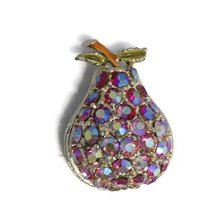Vintage Pear Rhinestone Brooch Pin, Aurora Borealis, Pink Pear, Fruit Pin Wedding Jewelry, Special Occasion Jewels, Mid Century Jewellery