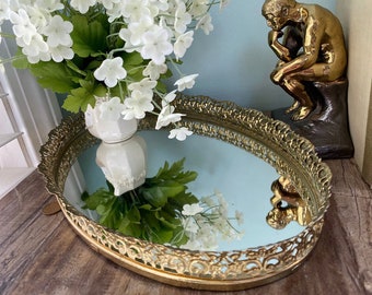 Mid Century Vanity Mirror Tray with Hollywood Regency Style Goldtone Filagree