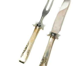 Vintage Small Carving Set, Stainless Knife and Fork, Floral Handle with Guard, Wedding Gift