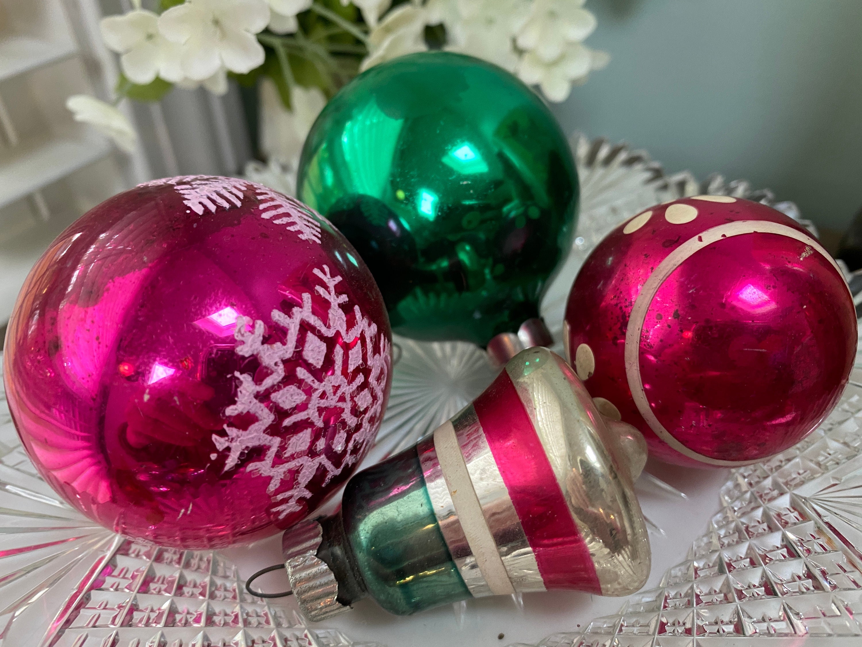 Set of 2 Preppy Christmas Pink and Green Ball Ornaments T2789 w