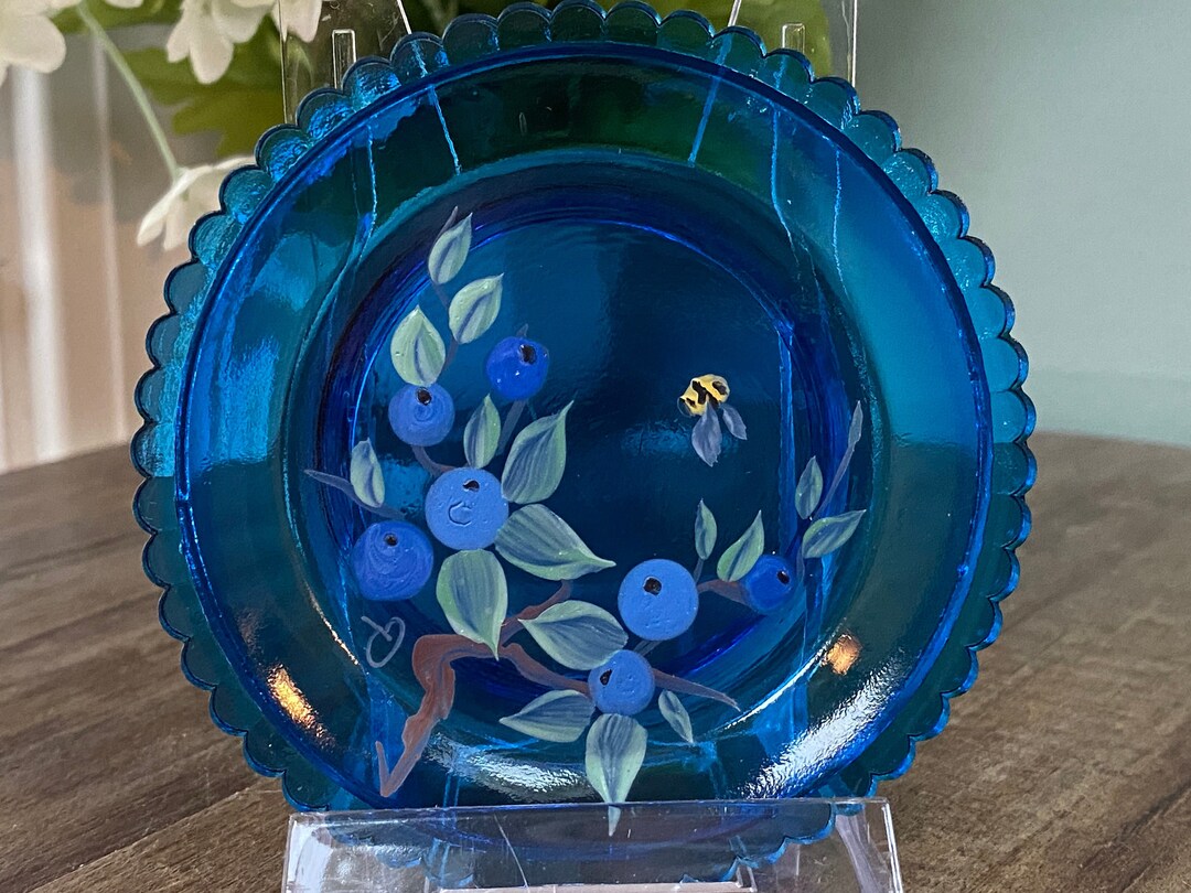 Vintage Pairpoint Glass Cup Plate 1996 Hand Painted Blueberries Cobalt